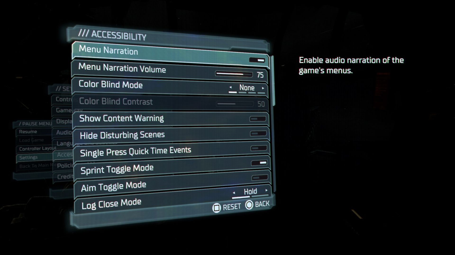 Part of the accessibility settings in Dead Space