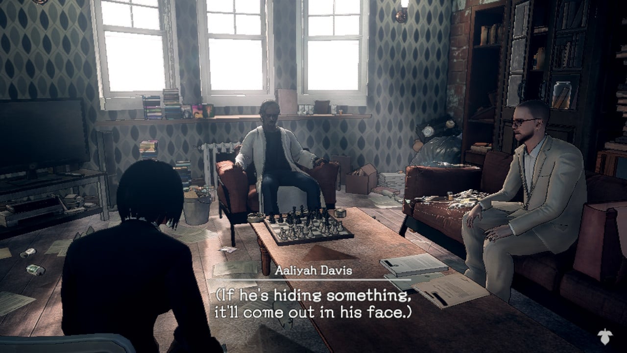Agent Davis questioning Agent Morgan in his apartment