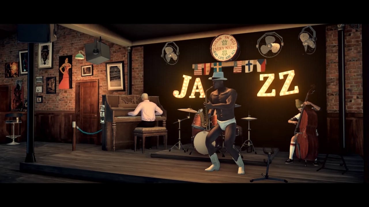A jazz band performing on stage, including a sax player wearing just underwear