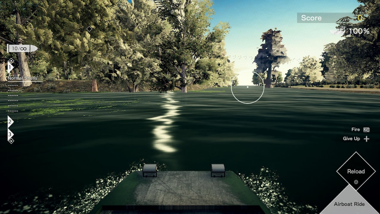 A first-person view of a riverboat cruising through a bayou