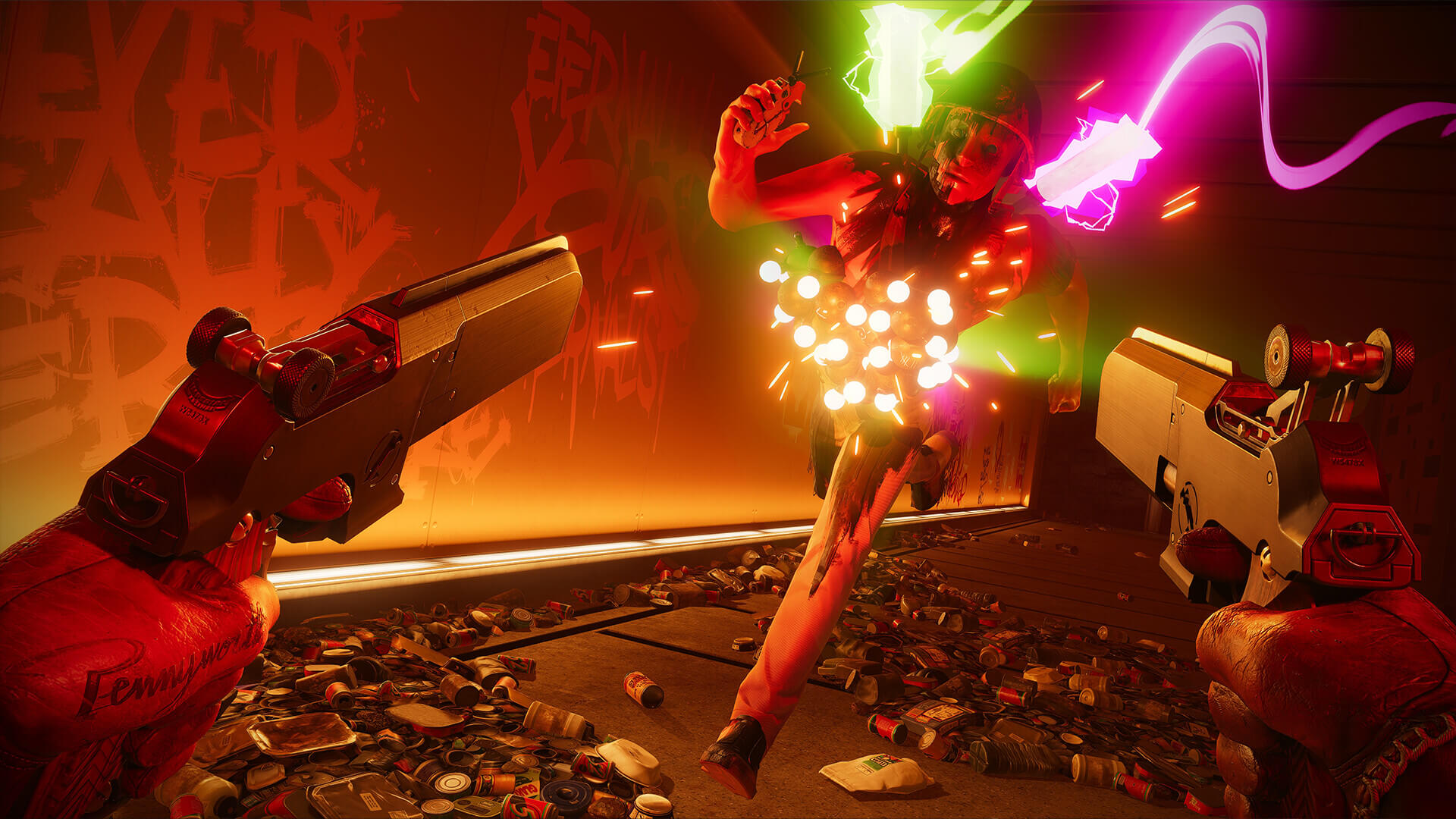 Deathloop screenshot shows a guy getting shot by another guy with two pistols.