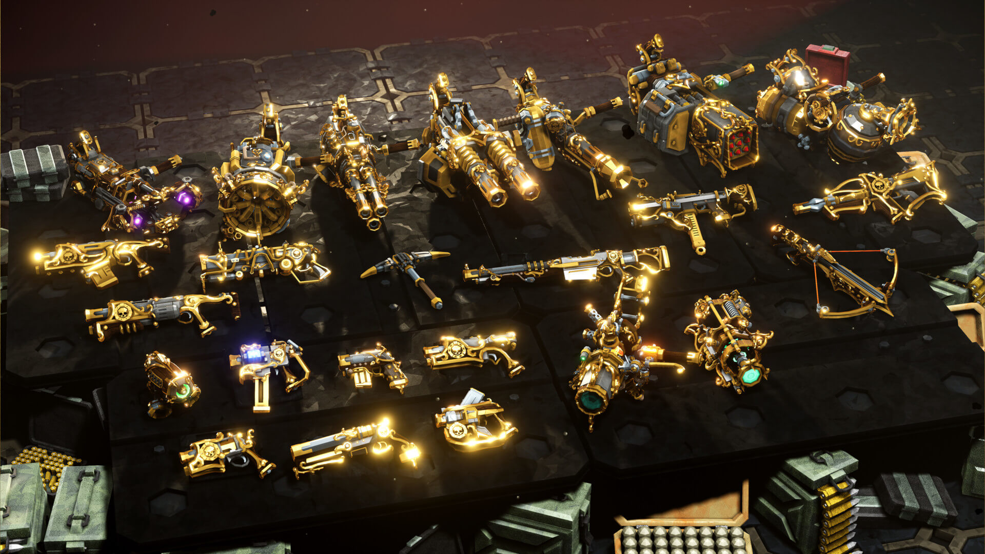 A set of bling-out guns and weapons in the Deep Rock Galactic Anniversary DLC