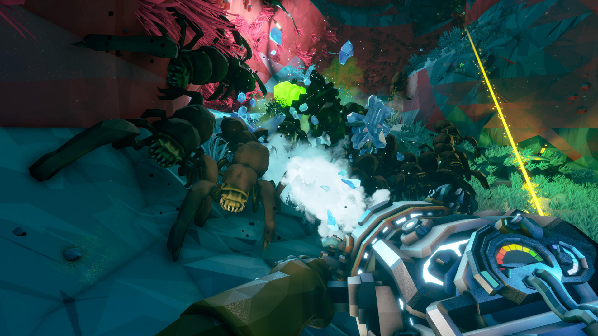 The player firing a frost beam at spiders in Deep Rock Galactic