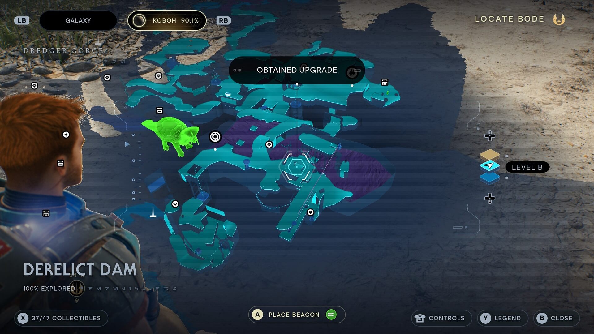 Image of the Map in Jedi Survivor With The Location of the Perk Slot in Derelict Dam Highlighted