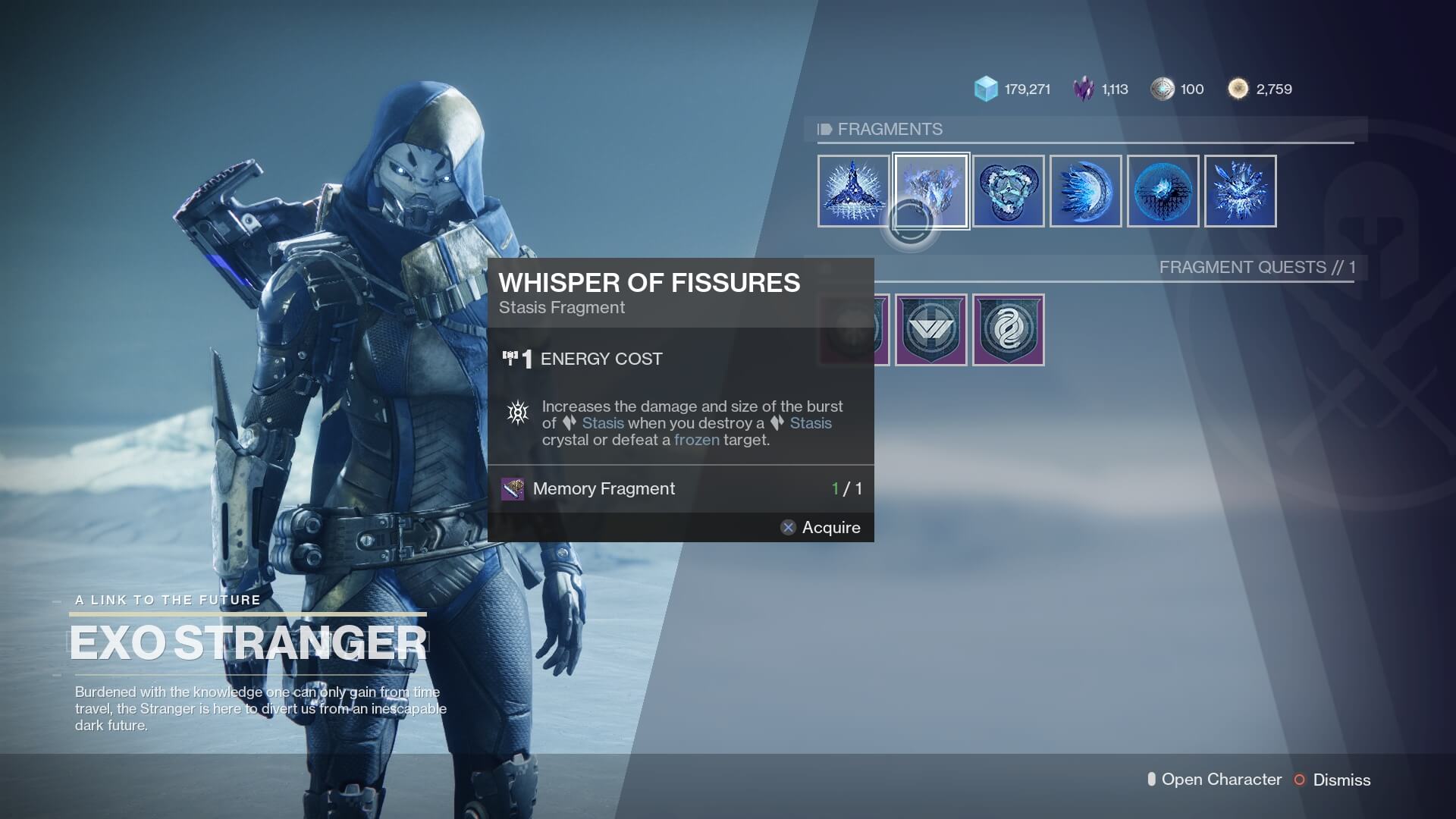 The Exo Stranger on an icy field, offering Fragments