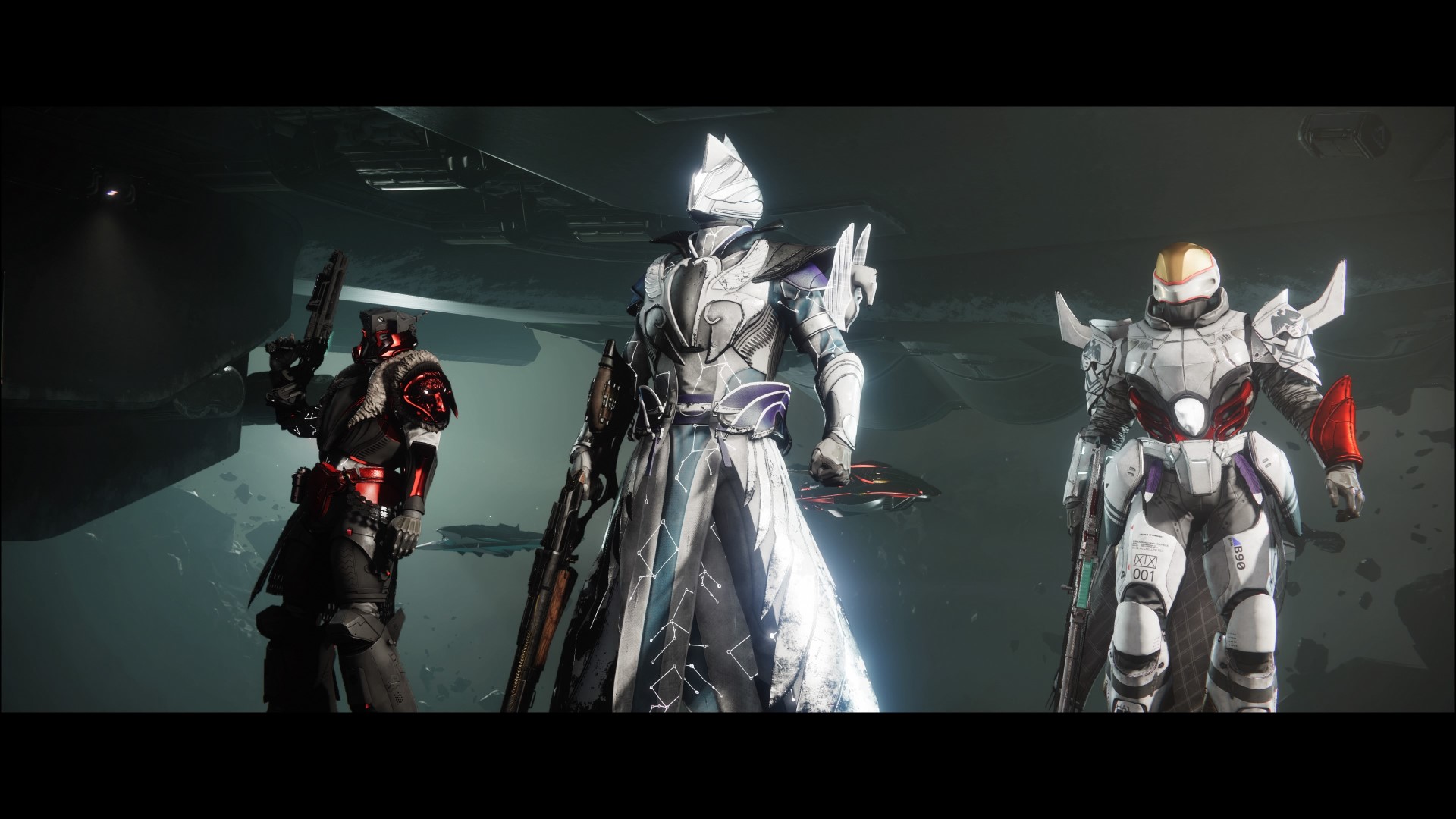 A fireteam of three Guardians entering an abandoned ship