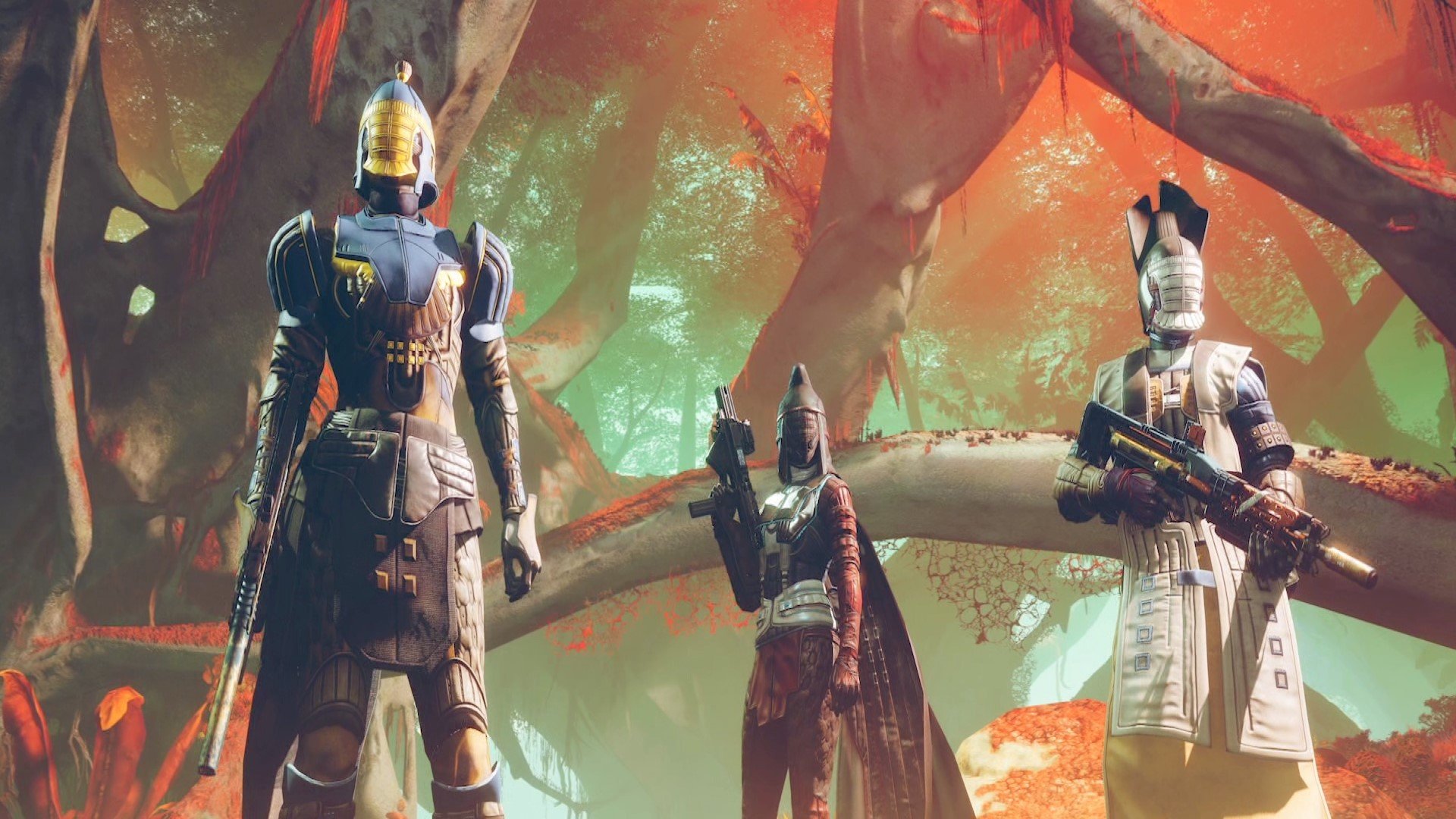 A hunter, warlock, and titan standing together in exotic armor