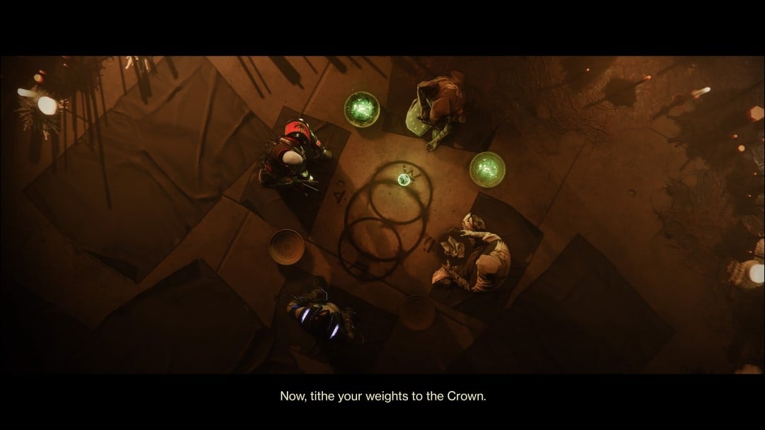 Crow, Zavala, Eris Morn, and a Warlock Guardian sitting in a circle surrounded by magic runes