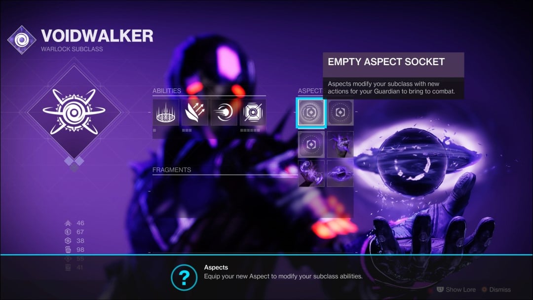 The menu showing Warlock Void Aspects as part of Destiny 2 The Witch Queen Void 3.0