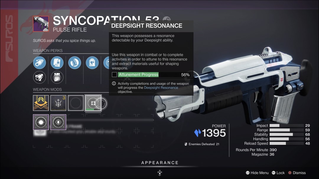 A pulse rifle in Destiny 2 with the Deepsight Resonance perk