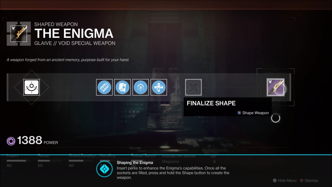 The weapon crafting menu showing the creation of The Enigma