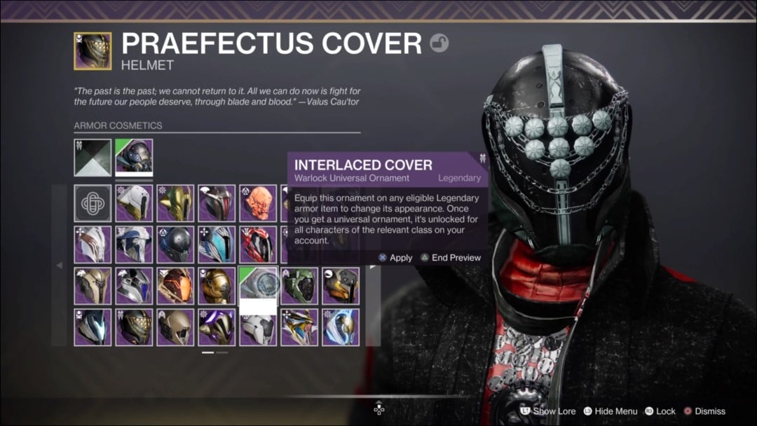 A Warlock's helmet, a list of other designs are shown to its left