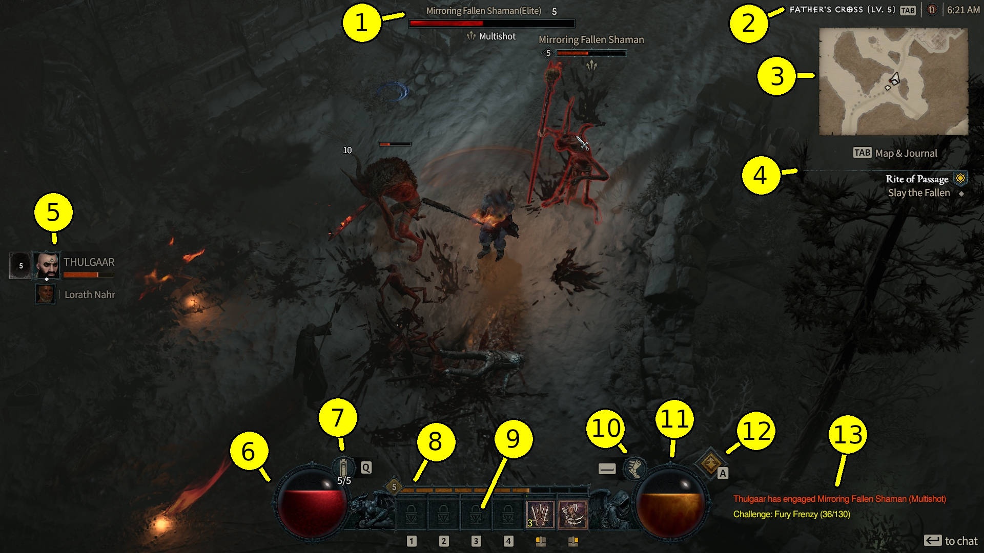 Diablo IV Starter Guide - HUD Explanation Barbarian Fighting Fallen with Lorath Nahr in Father's Cross