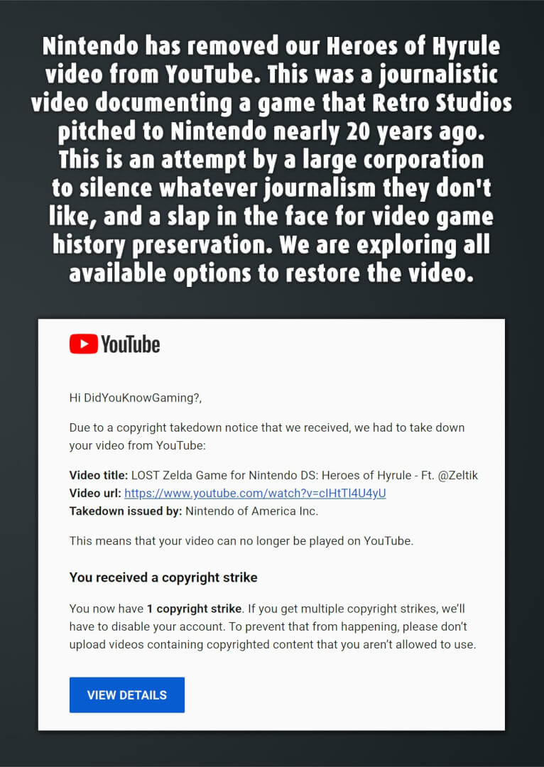 The announcement by DidYouKnowGaming that Nintendo hit its video with a DMCA
