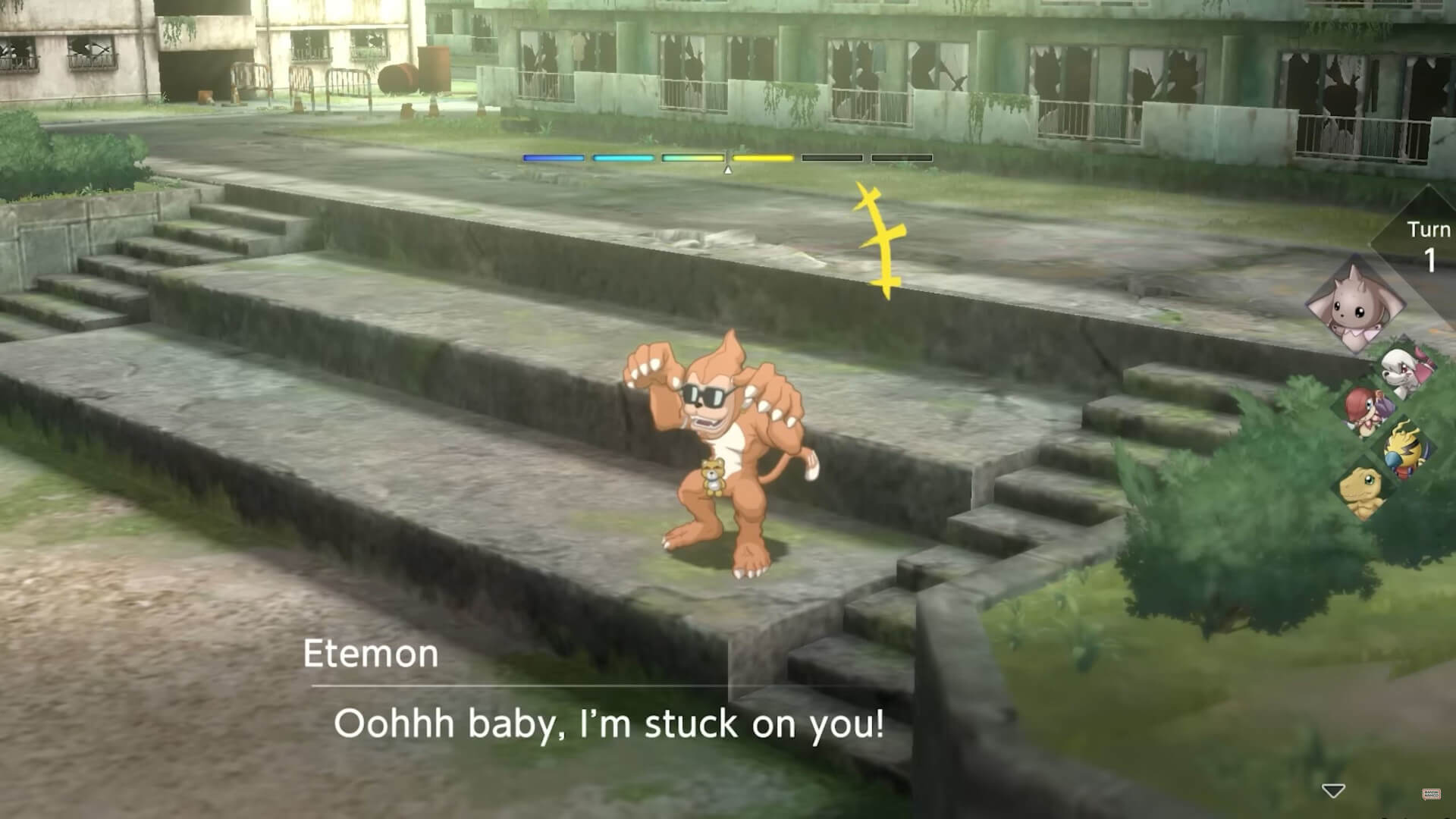 Etemon contemplating joining the player's party in Digimon Survive
