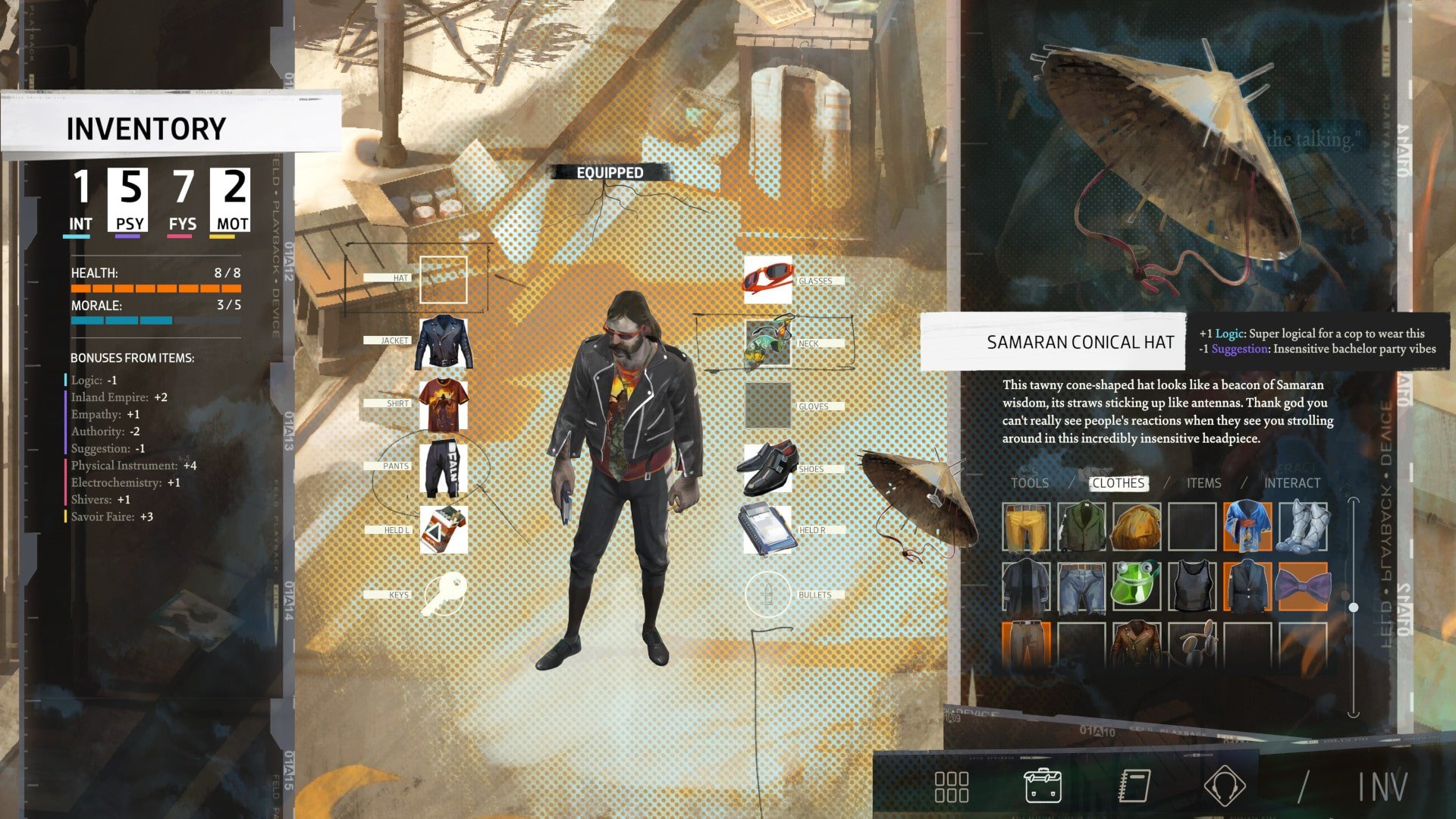 One of the menu screens in Disco Elysium, showing the game's small font