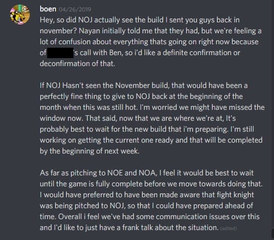 Discord message re Nintendo's request for Fight Knight build-2