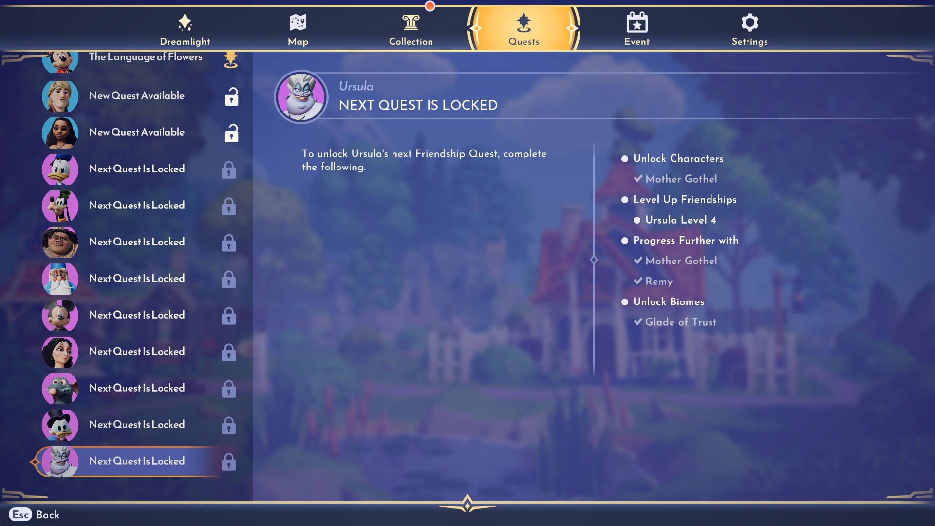 Disney Dreamlight Valley Guides - Guide Hub - Starter Guide - Quests Example Ursula Next Quest is Locked