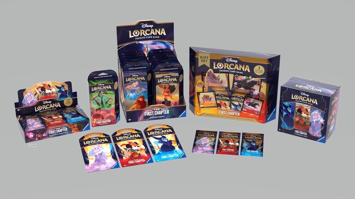 Press image of the booster packs and starter decks of Disney Lorcana