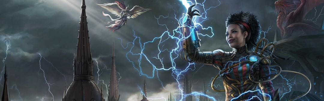 An artificer standing on a castle during a lightning storm, a dragon is in the background