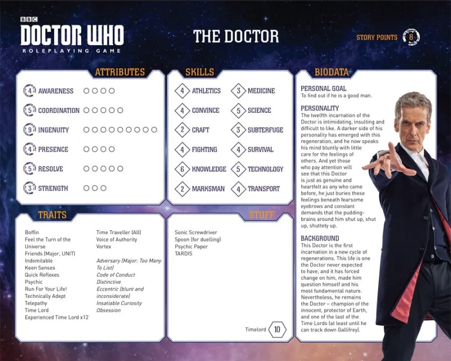 The statblock for the 12th Doctor from Cubicle 7's Doctor Who RPG