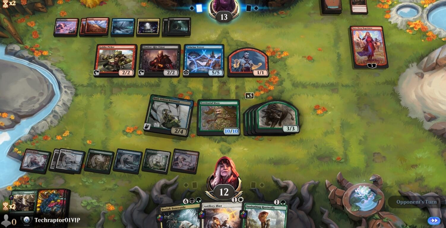 Dominaria United Preview Event MTG Arena Board with Territorial Kavu, 5 3/3 Beasts from Beast Migration, and Nael, Avizoa Aeronaut under my control