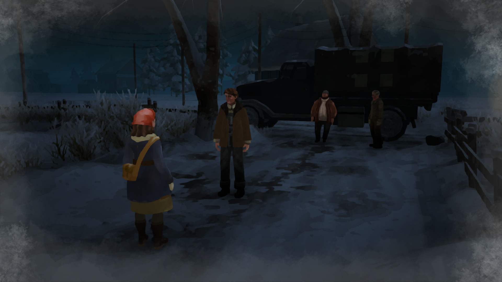 Don't Nod Gerda screenshot showing the main character and 3 others standing in front of a truck