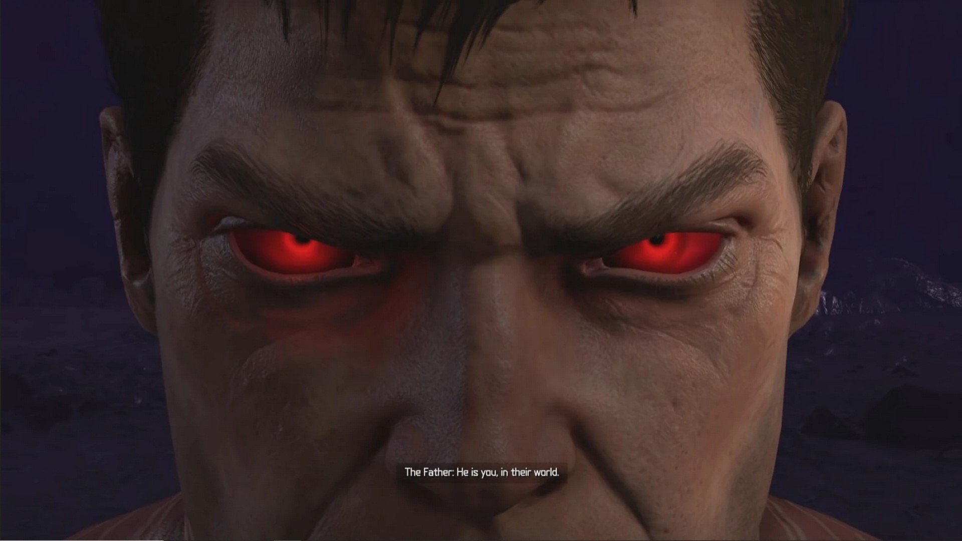 A close up on The Dark Lord's Face, eyes glowing red