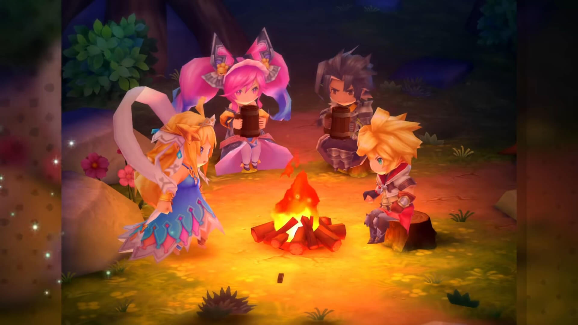 Four of the characters in Dragalia Lost sitting around a campfire
