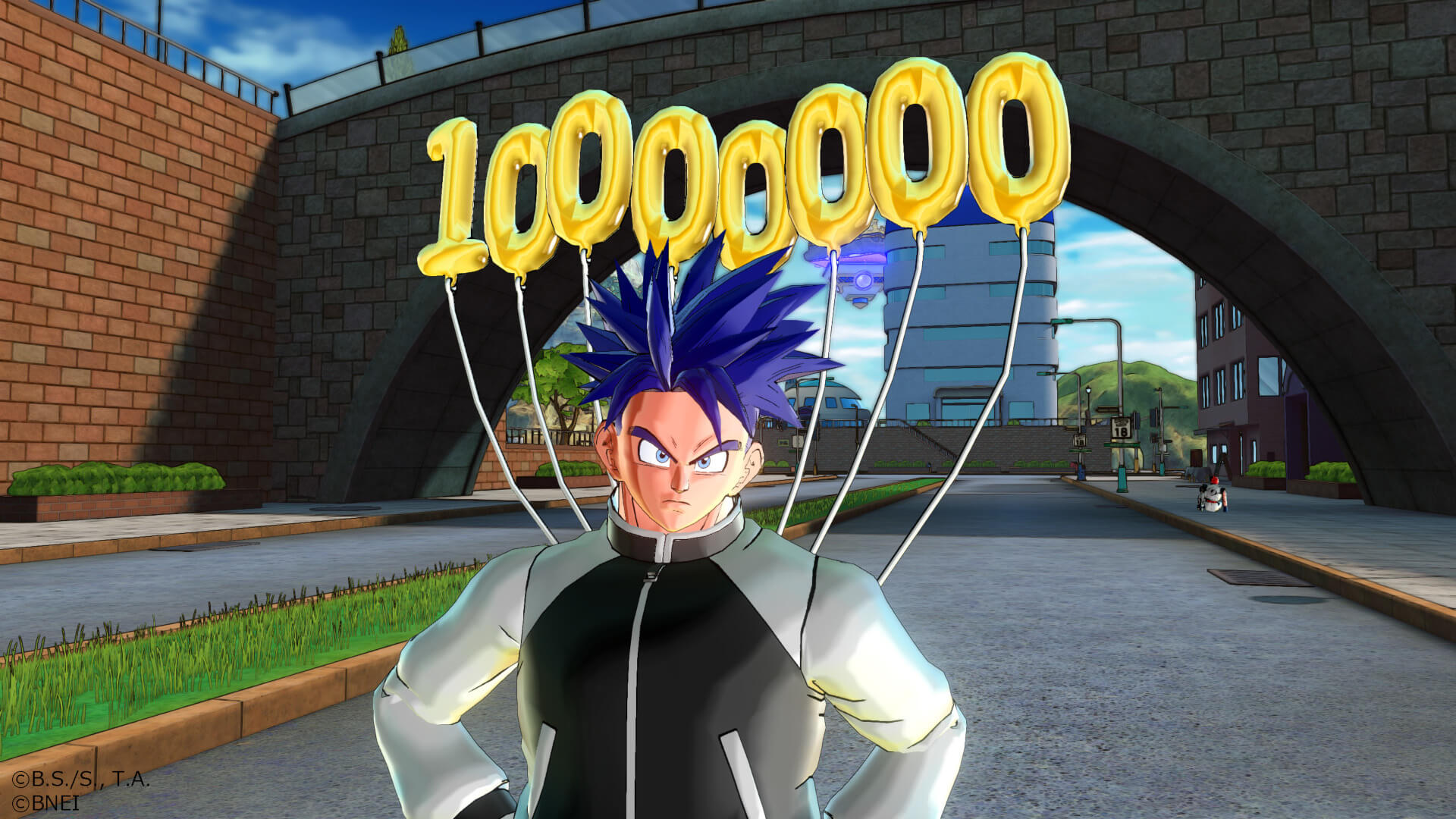 A character celebrating with the new 10 Million Balloon in Dragon Ball Xenoverse 2