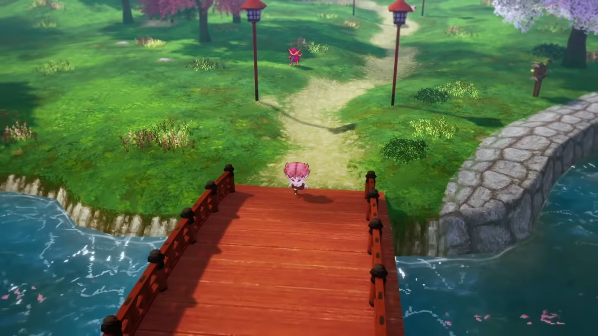 The player running across a bridge in Dragon Quest X Offline
