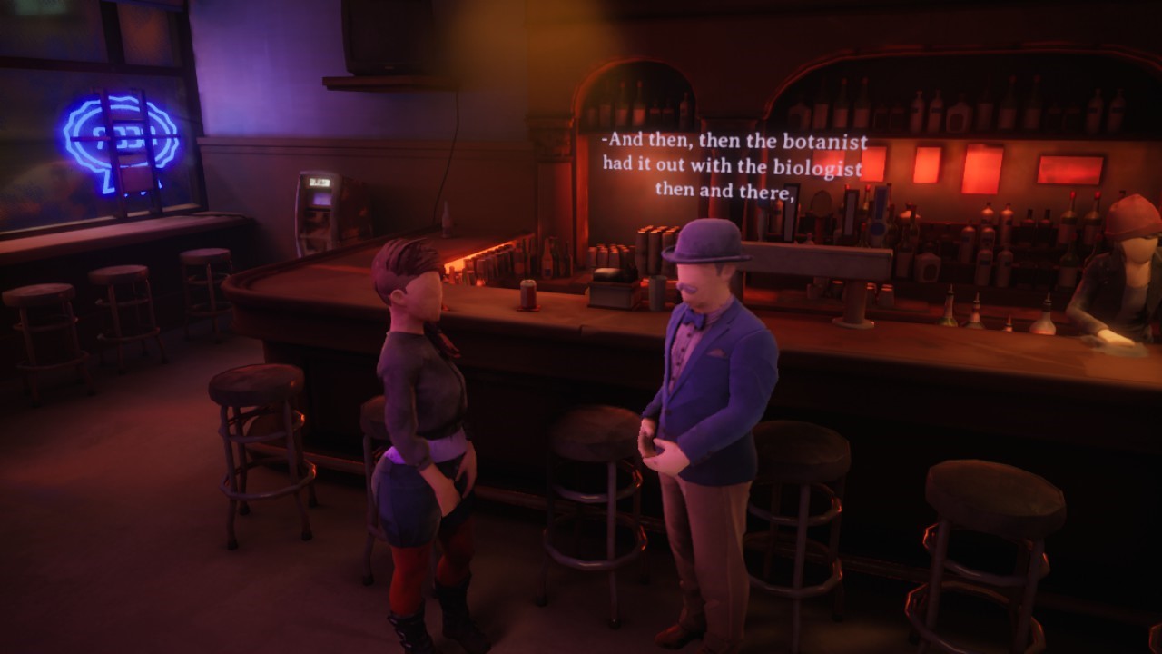 Cassidy talking to a university professor at a bar