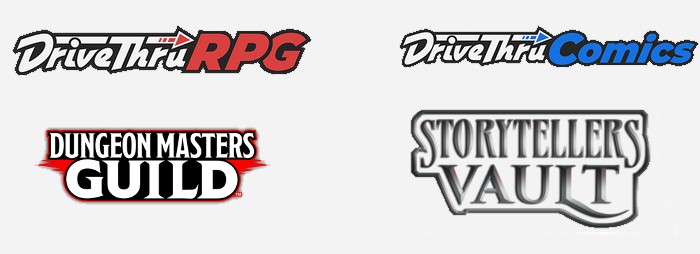 The company logos of DrivethruRPG, DrivethruComics, Storyteller's Vault, and Dungeon Master's Guild