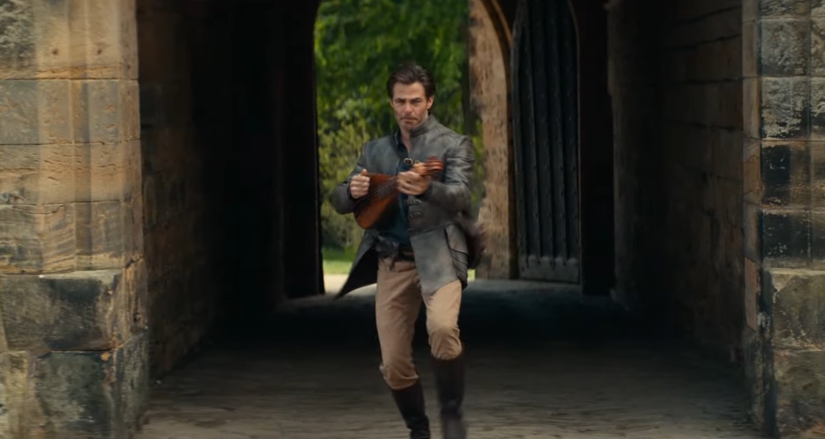 Chris Pine playing a lute in the Dungeons and Dragons Movie