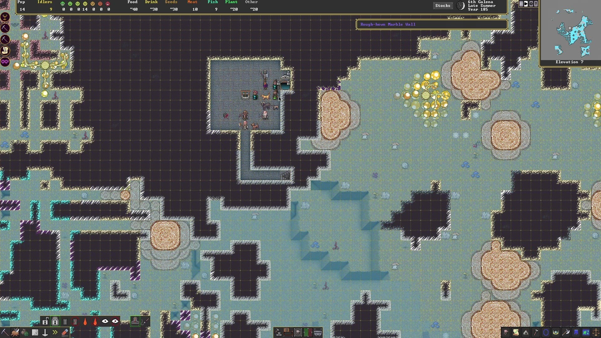 Dwarf Fortress screenshot of one of the maps and or terrains with blue and black 8bit looking style blocks all over the place, Dwarf Fortress Sales