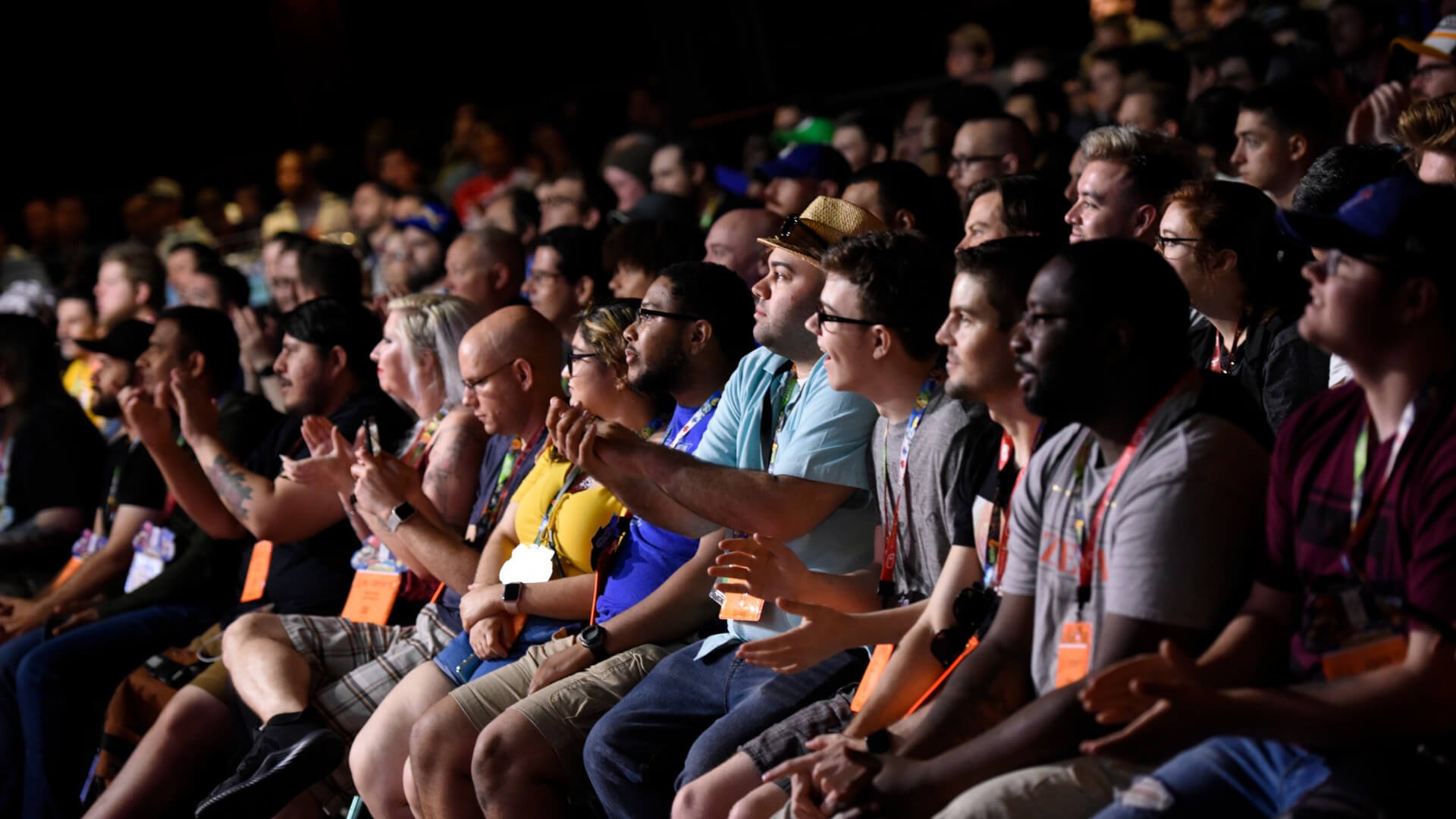 A crowd reacting enthusiastically at E3