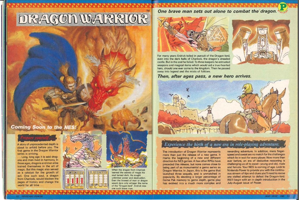 An spread from Nintendo Power advertising Dragon Warrior