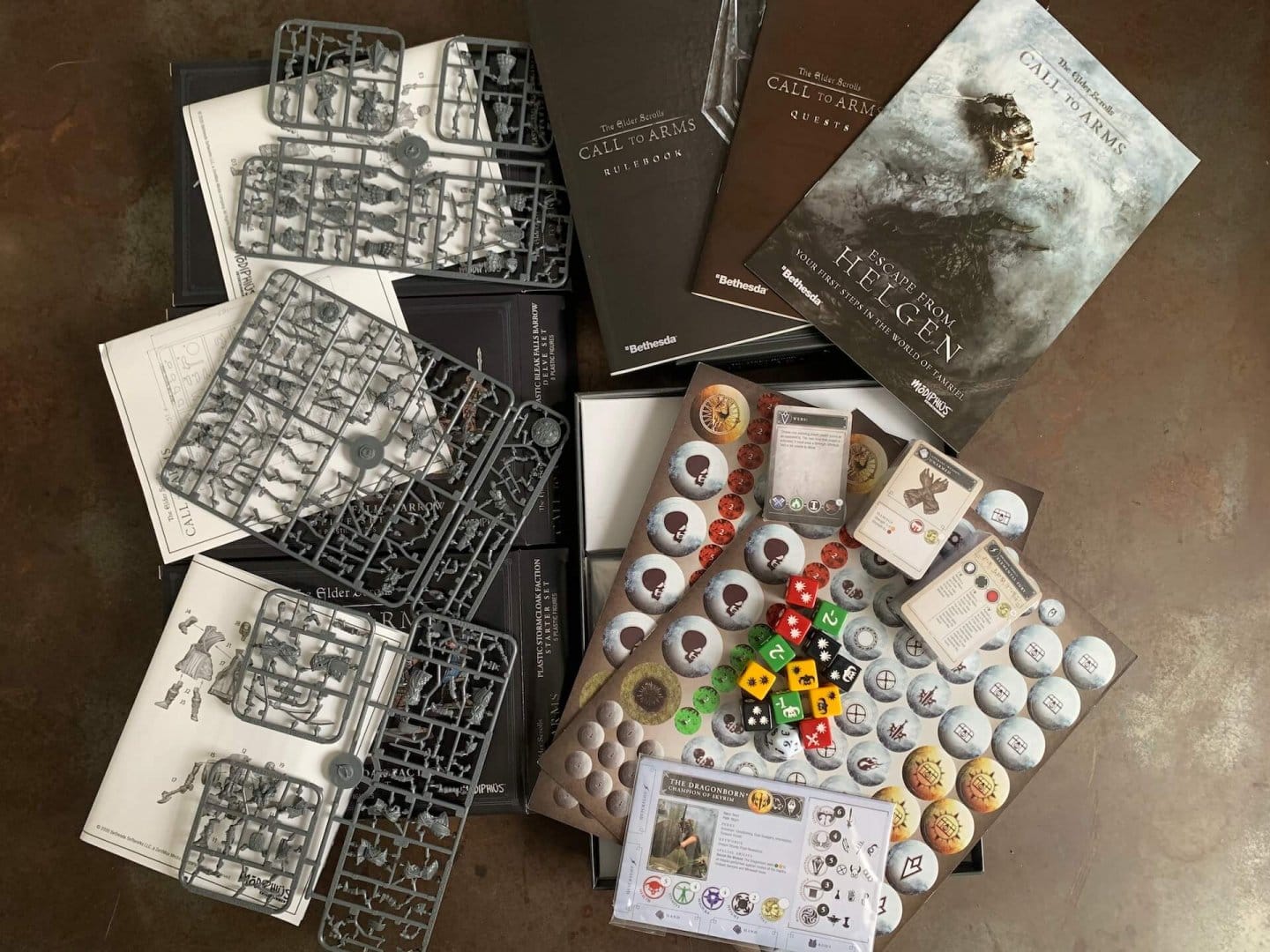 Components from Elder Scrolls: Call To Arms, including miniatures as they arrive in the box