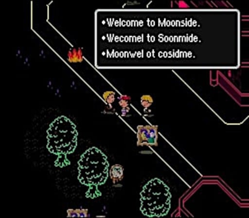 The characters exploring Moonside in EarthBound