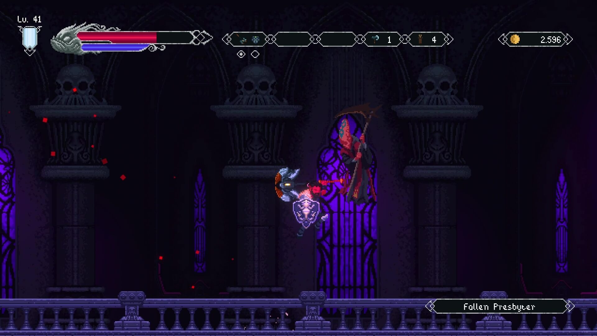 The hero fighting the Fallen Presbyter enemy, which looks like a mind flayer, in Elderand