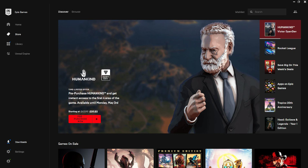 A shot of the front page of the Epic Games Store