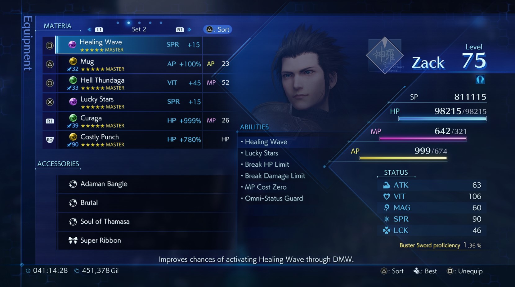 Zack's Equipment while dealing with Minerva in Crisis Core Reunion