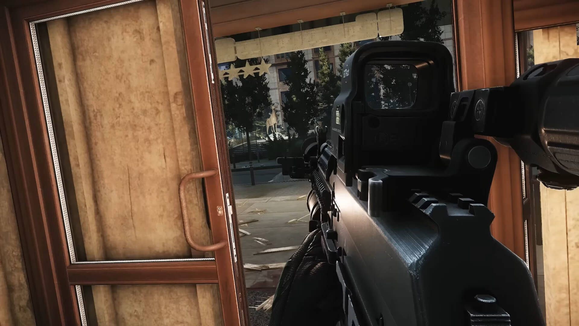 The player firing their gun from a hotel doorway in Escape from Tarkov patch 0.13