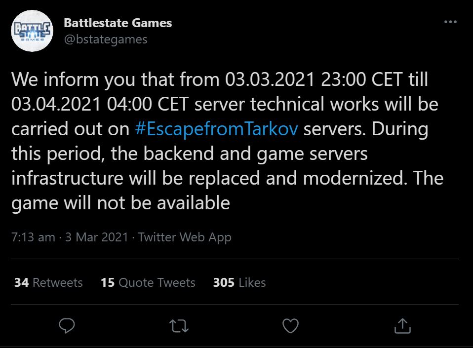 Escape From Tarkov Twitter Announcement
