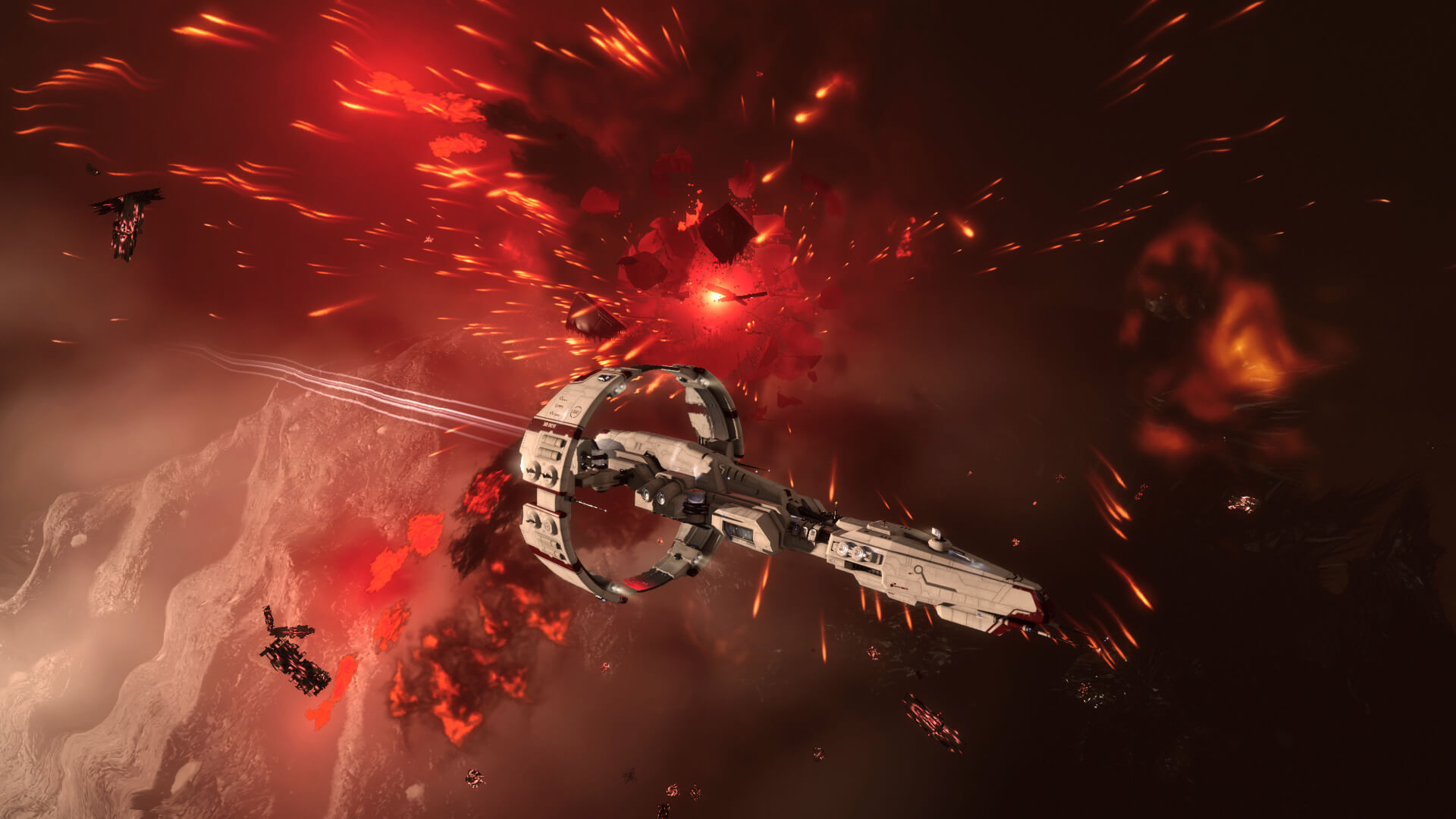A ship soaring through space in Eve Online by CCP Games