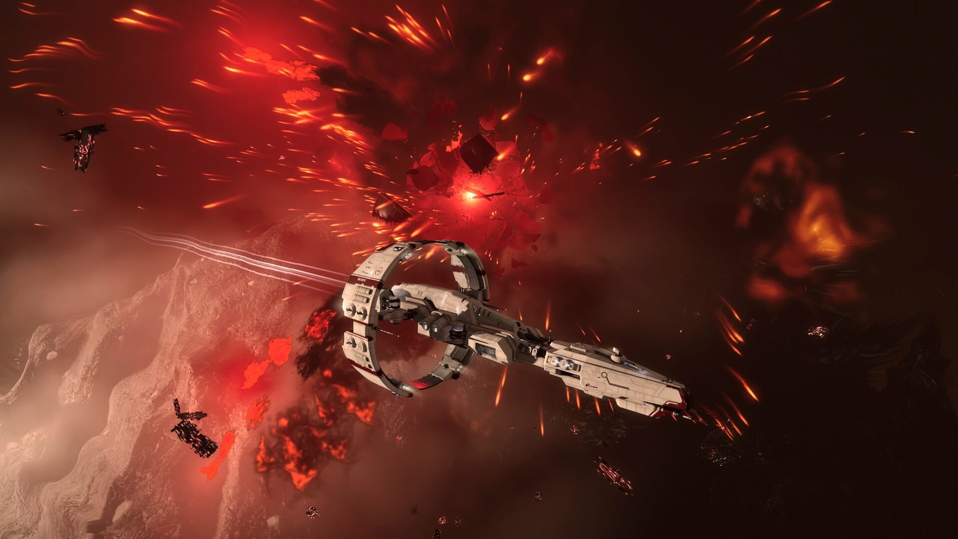 A spaceship exploring space in Eve Online