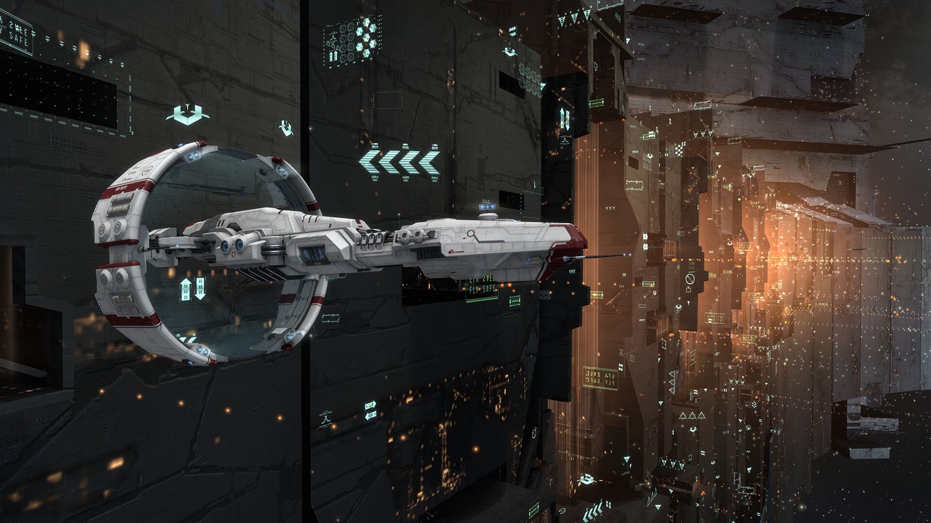 A ship flying through a city in Eve Online
