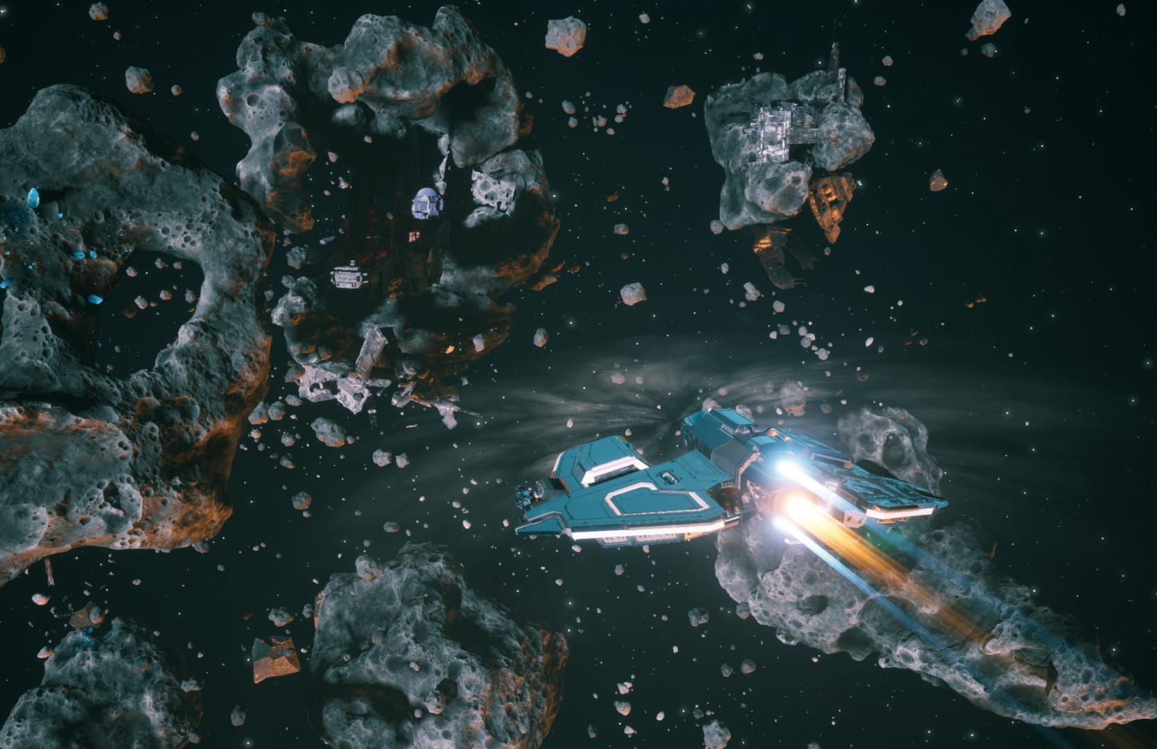 Everspace 2 ship cruising through an asteroid field 