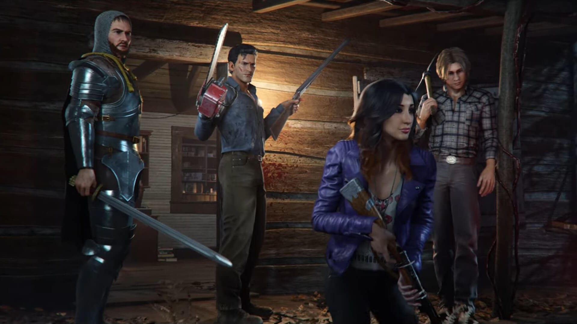 The cast of Evil Dead: The Game getting ready to face off against monsters