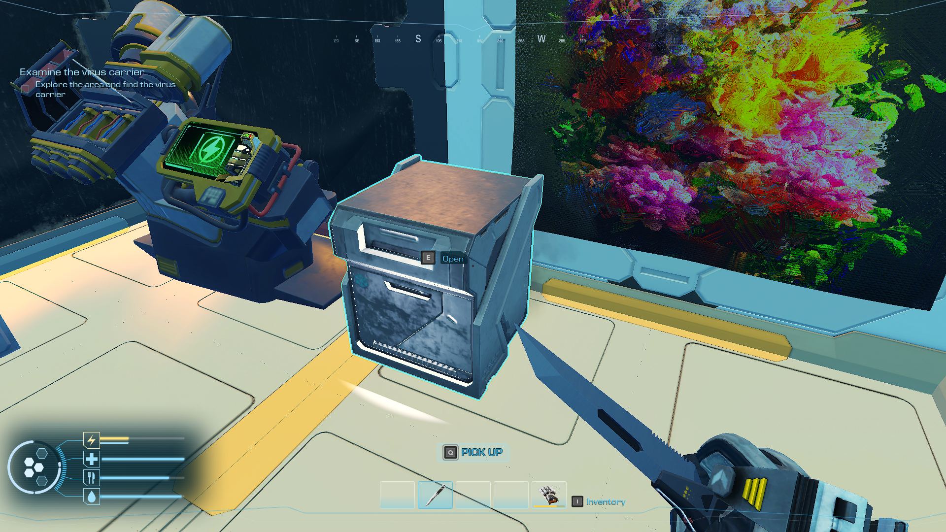 Forever Skies Screenshot showing a metal gray cube with a handle like a refrigerator. 